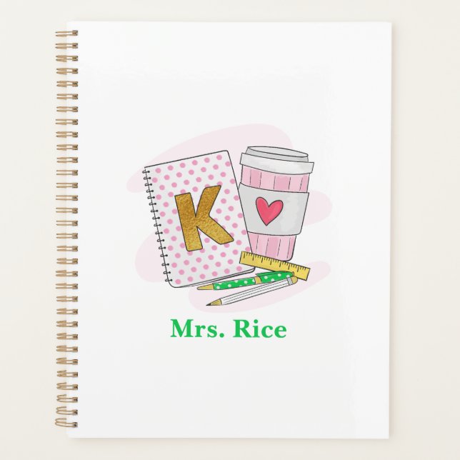 Custom Kindergarten Teacher Pink Dot Book Coffee Planner (Front)