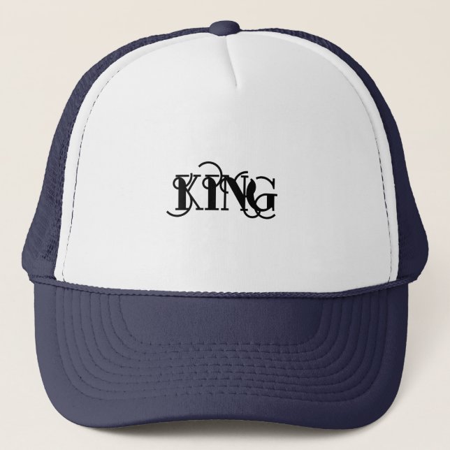 Custom KING Name Stylish White & Navy Elegant Mens Trucker Hat (Front)