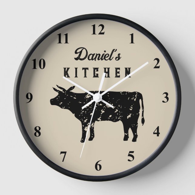 Custom kitchen wall clock with vintage cow logo (Front)