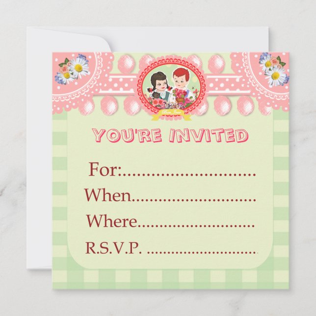 Custom Kitsch Green Gingham Kid's Party Blank - Invitation (Front)
