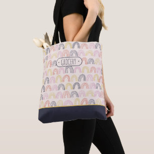 Custom Label Cute Boho Rainbow Grocery Tote Bag