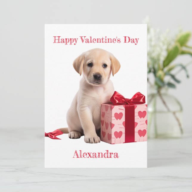 Custom Labrador Puppy with Bow Box Valentine Holiday Card (Standing Front)
