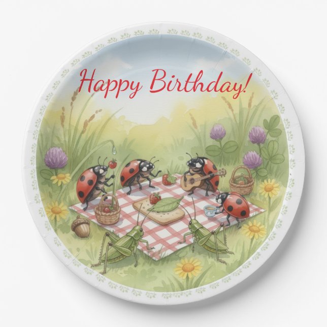 Custom Ladybug Garden Party Birthday paper plates (Front)