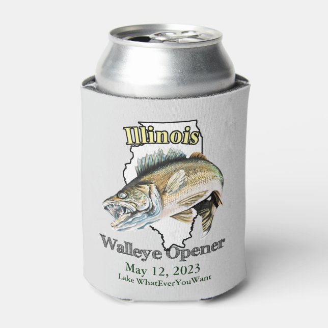 Custom Lake and Date Illinois Walleye Opener Light Can Cooler (Can Front)