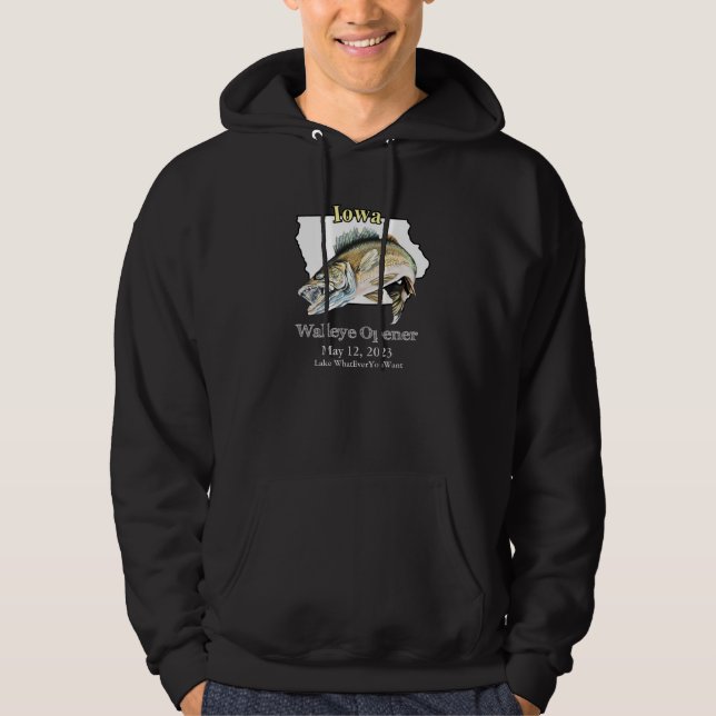  Custom Lake and Date Iowa Walleye Opener Dark Hoodie (Front)