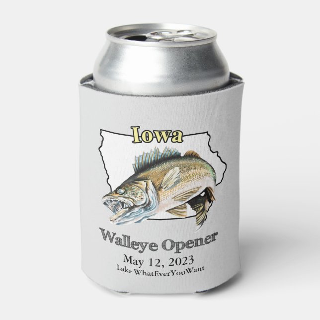  Custom Lake and Date Iowa Walleye Opener Light Can Cooler (Can Front)
