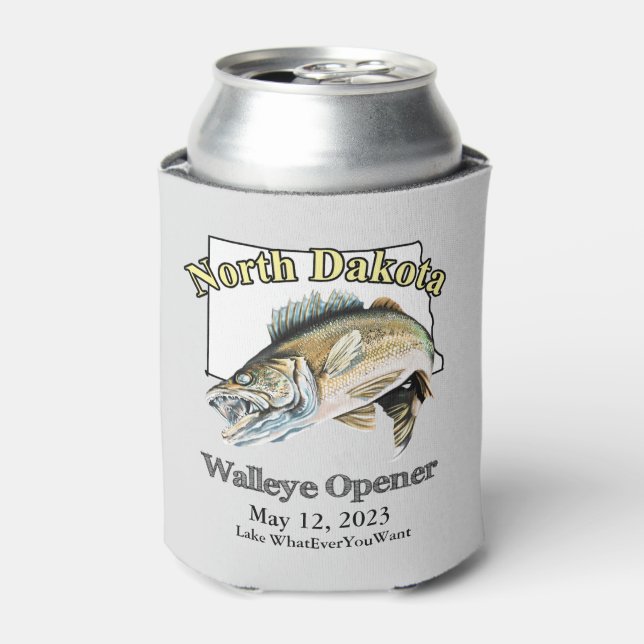  Custom Lake and Date North Dakota Walleye Opener Can Cooler (Can Front)