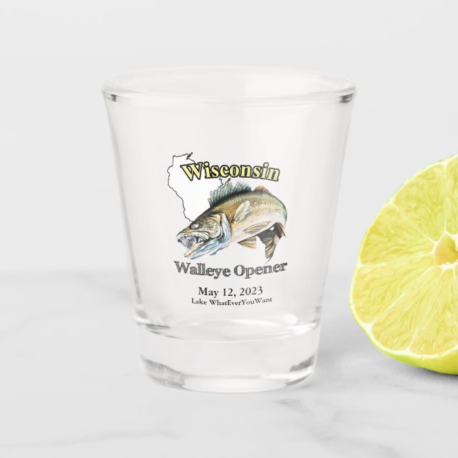 Custom Lake/Date Wisconsin Walleye Opener Shot Glass (Front)