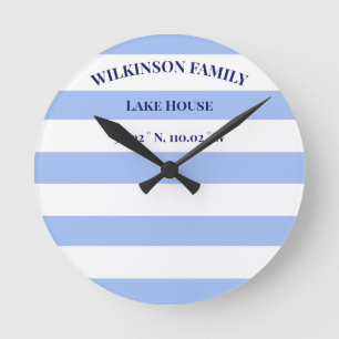 Custom Lake house Blue Stripes Round Clock