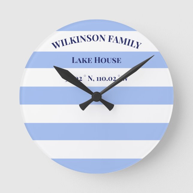 Custom Lake house Blue Stripes Round Clock (Front)
