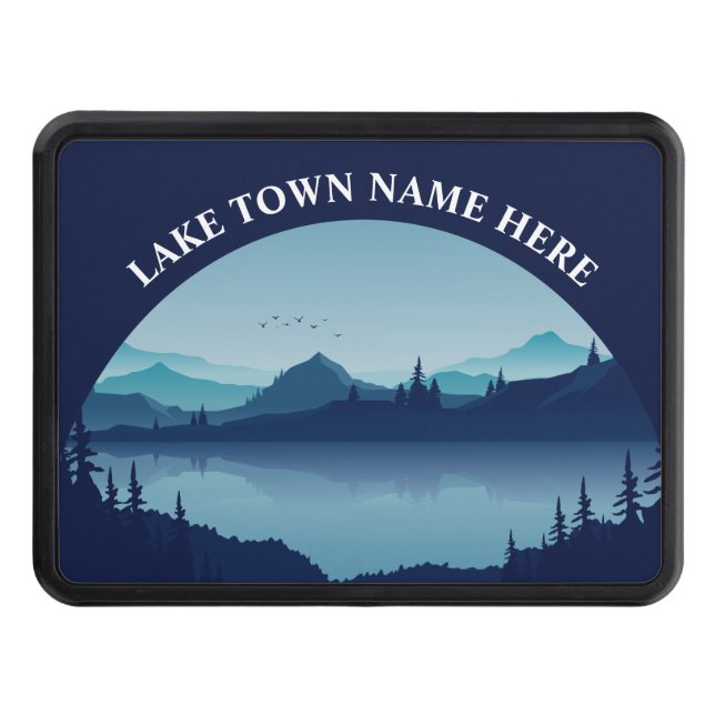 Custom Lake House Cabin Town Name Blue Trailer Hitch Cover (Front)