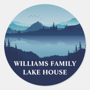 Custom Lake House Drawing Family Home Blue Classic Round Sticker