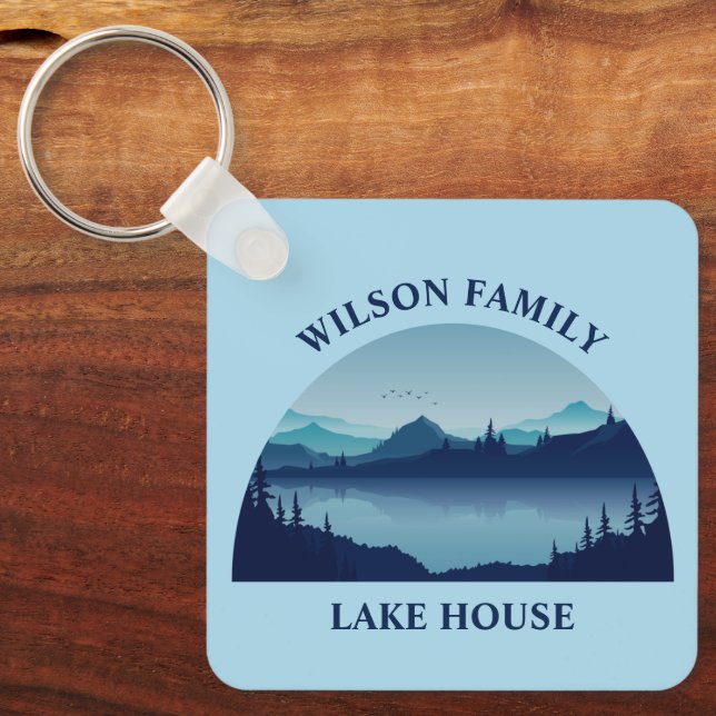 Custom Lake House Family Home Blue Keychain (Front)