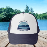 Custom Lake House Family Reunion Summer Vacation Trucker Hat<br><div class="desc">These cool custom lake house hats feature a serene blue river surrounded by trees and your personalized text for a family reunion,  camping trip,  or summer vacation. Customize this cap with your last name or other group name.</div>