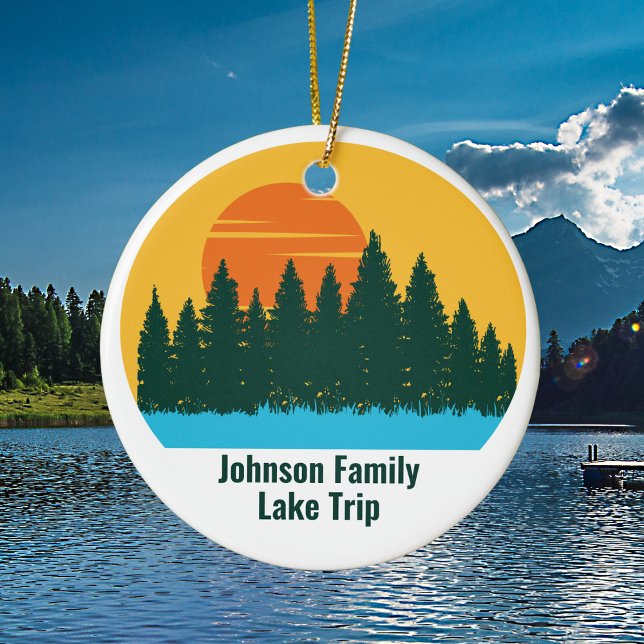 Custom Lake House Family Trip Cute Sunset Ceramic Ornament (Creator Uploaded)