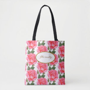 Custom Large Pink Roses Floral Art Tote Bag