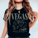 Custom Las Vegas Bachelorette Party Personalized T-Shirt<br><div class="desc">Celebrate your Las Vegas bachelorette party with our Emerald Green "Vegas Before Vows" Custom Las Vegas Bachelorette Party Personalized T-Shirt. This vibrant and stylish shirt is the perfect choice for adding a cohesive and festive touch to your special weekend. With its retro casino-inspired design, it captures the excitement and glamour...</div>