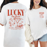 Custom Las Vegas Bachelorette Party Personalized T-Shirt<br><div class="desc">Celebrate your Las Vegas bachelorette extravaganza with our "Lucky in Love" Custom Las Vegas Bachelorette Party Personalized T-Shirt, featuring dynamic front and back prints that capture the essence of your retro casino bach trip. Perfect for adding flair to your group's attire, this shirt is adorned with playful elements like poker...</div>