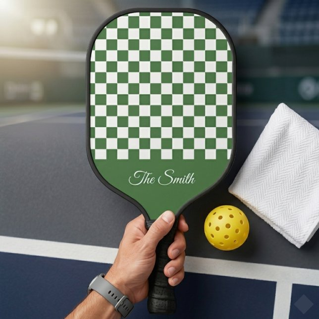 Custom Last Name Green Chequerboard Pickleball Paddle (Creator Uploaded)