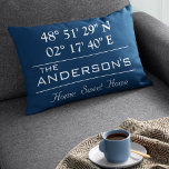 Custom Latitude Longitude Family Name Home Address Accent Pillow<br><div class="desc">Latitude Longitude Home Decor. A unique way to showcase the location of your home. Customize it with any background colour. Perfect gift for Housewarming. To find latitude and longitude of your home,  please copy and paste this link to your browser and follow the instructions. https://support.google.com/maps/answer/18539?hl=en</div>