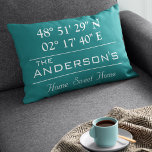 Custom Latitude Longitude Family Name Home Address Accent Pillow<br><div class="desc">Latitude Longitude Home Decor. A unique way to showcase the location of your home. Customize it with any background color. Perfect gift for Housewarming. To find latitude and longitude of your home,  please copy and paste this link to your browser and follow the instructions. https://support.google.com/maps/answer/18539?hl=en</div>