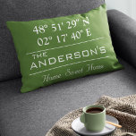 Custom Latitude Longitude Family Name Home Address Accent Pillow<br><div class="desc">Latitude Longitude Home Decor. A unique way to showcase the location of your home. Customize it with any background colour. Perfect gift for Housewarming. To find latitude and longitude of your home,  please copy and paste this link to your browser and follow the instructions. https://support.google.com/maps/answer/18539?hl=en</div>