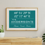 Custom Latitude Longitude Family Name Home Address Poster<br><div class="desc">Latitude Longitude Home Decor. A unique way to showcase the location of your home. Customize it with any background colour. Perfect gift for Housewarming. To find latitude and longitude of your home,  please copy and paste this link to your browser and follow the instructions. https://support.google.com/maps/answer/18539?hl=en</div>