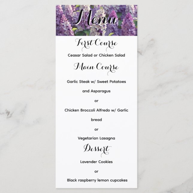 Custom Lavender FLower Wedding Menu (Front)