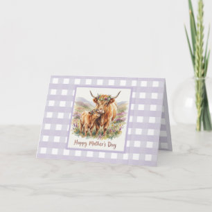 Custom Lavender Highland Cow Gingham Mother's Day Card
