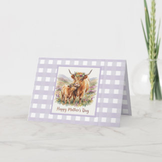 Custom Lavender Highland Cow Gingham Mother's Day Card