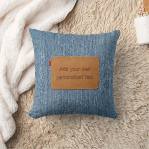 Custom Leather Tag Blue Jean Denim Throw Pillow