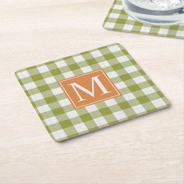 Custom Leaves Green Pumpkin Orange Gingham Pattern Square Paper Coaster (Angled)