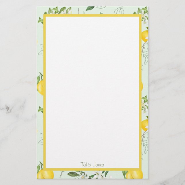 Custom Lemon and Flower Stationery Paper (Front)