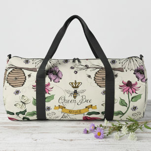 Custom Lemon Cream, Black & Gold Queen Bee & Crown Duffle Bag