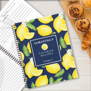 Custom Lemon Pattern Recipe Navy Blue Notebook