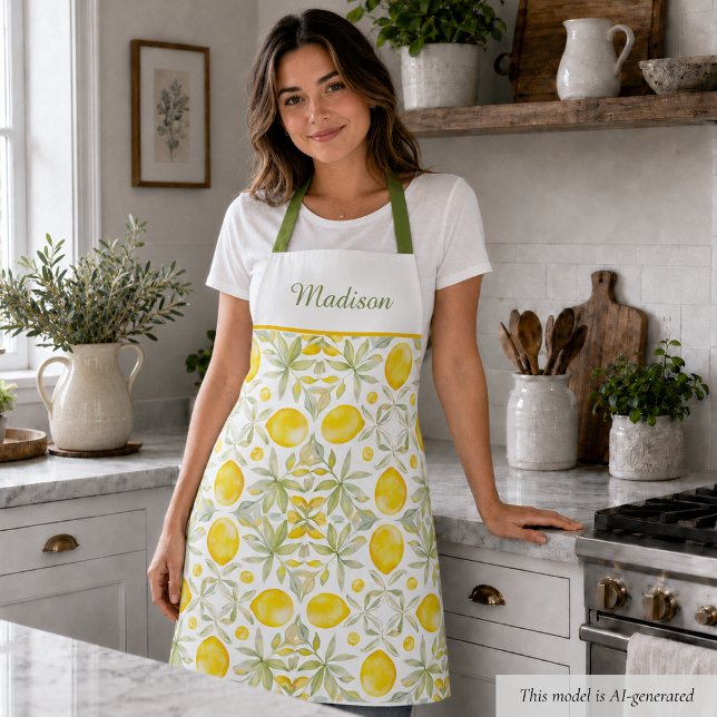 Custom Lemon Watercolor Pattern Apron (elegant watercolor mediterranean citrus lemon pattern apron with custom name monogram)