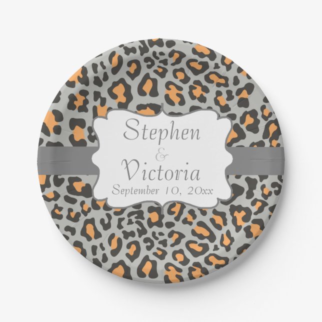Custom Leopard Black, Grey, Orange Paper Plates (Front)