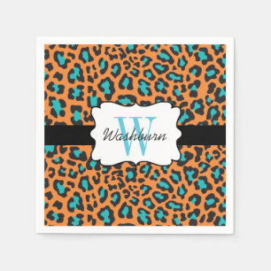 Custom Leopard Orange Black Aqua Cocktail Napkin