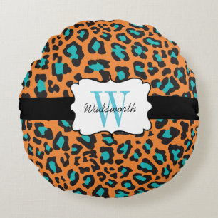 Custom Leopard Orange, Black, Aqua Round Pillow