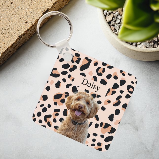 Custom Leopard Print Dog Photo with Name Keychain (Creator Uploaded)