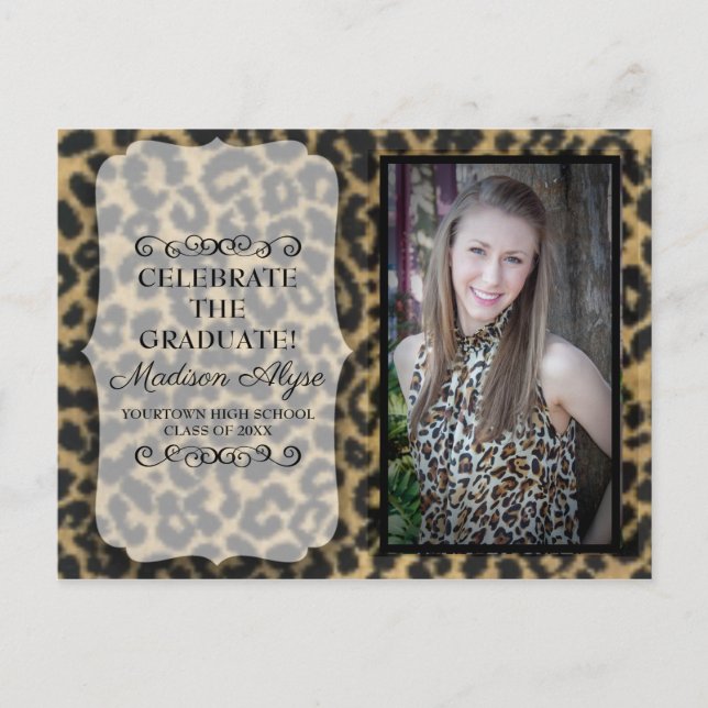 Custom Leopard Print Photo Graduation Party Invitation Postcard (Front)