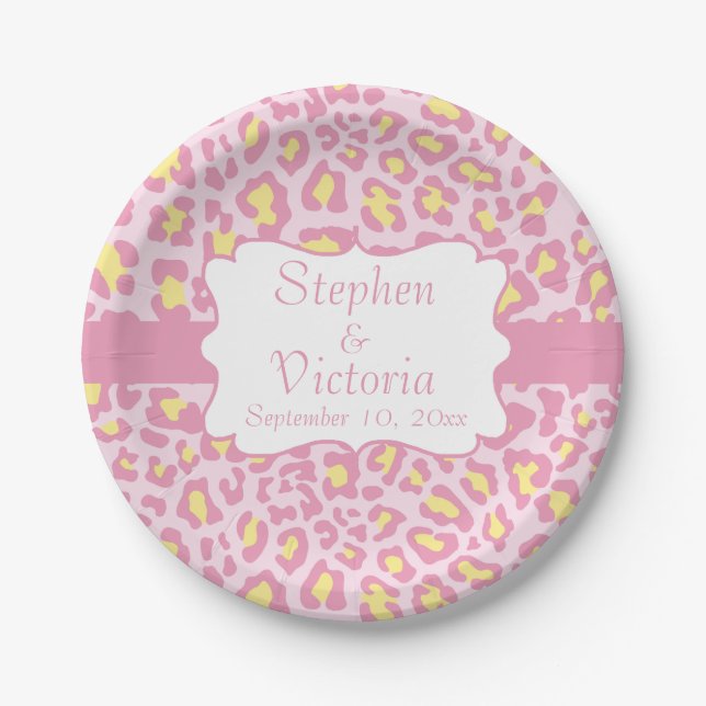 Custom Leopard Print Pink and Yellow Paper Plates (Front)