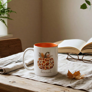 Custom Leopard Print Pumpkin Fall Harvest Name Two-Tone Coffee Mug