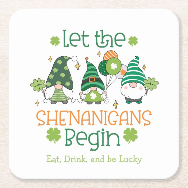 Custom Let the Shenanigans Begin Gnome Party Square Paper Coaster (Front)