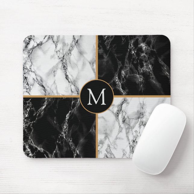 Custom Letter Mouse Pad Black White Marble (With Mouse)