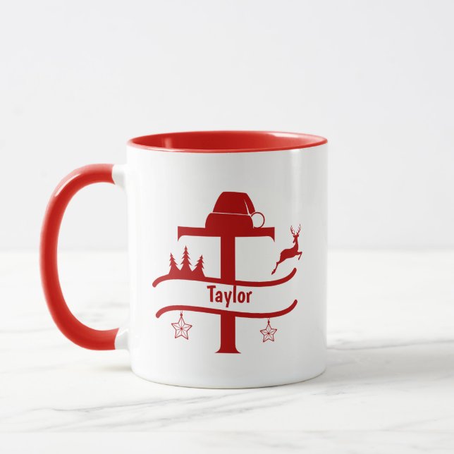 Custom Letter T Name Christmas Monogram Mug (Left)