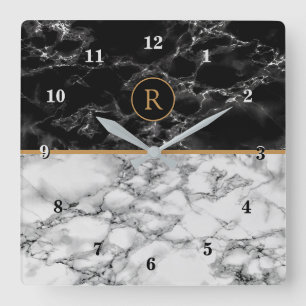 Custom Letter Wall Clock Black White Marble