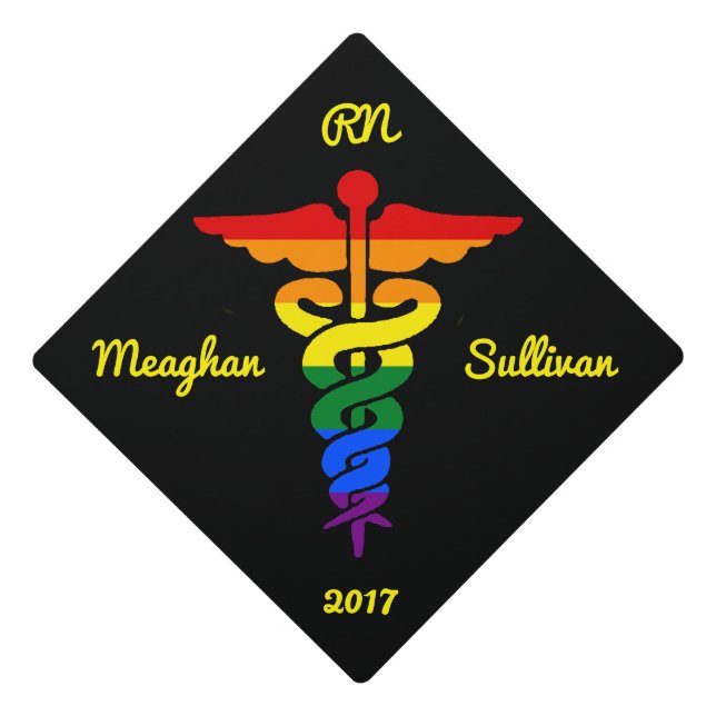 Custom LGBT Rainbow Medical Symbol Caduceus Graduation Cap Topper (Front)