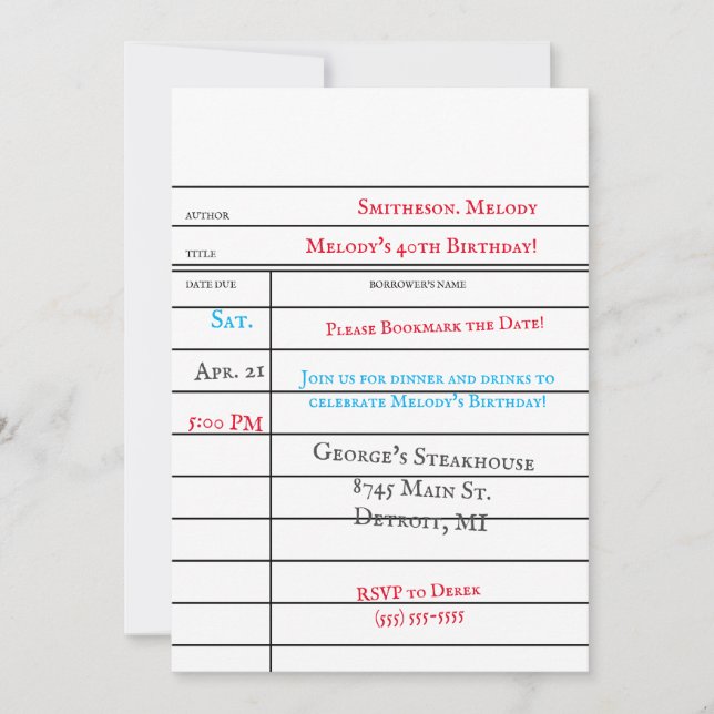 Custom Library Checkout Card Birthday Party (Front)