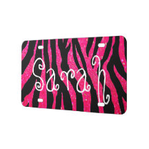 Custom License Plate - Glitter Zebra Name Pink